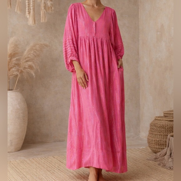 Ciebon Dresses & Skirts - CIEBON Gayley Metallic Long Balloon Sleeve Maxi Dress in Pink